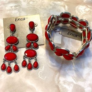 Brand New! Erica Red Stone Earrings And Bracelet Set.